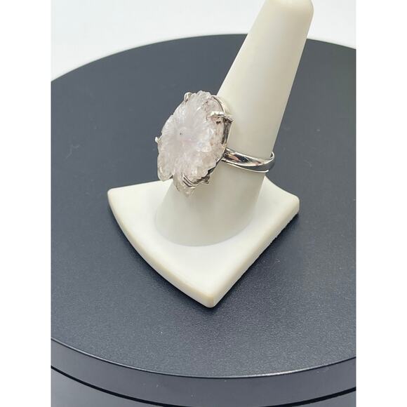 Natural Raw Rose Quartz Stalactites Slice 925 Prong Sterling Silver Ring 9.25 - Picture 3 of 11